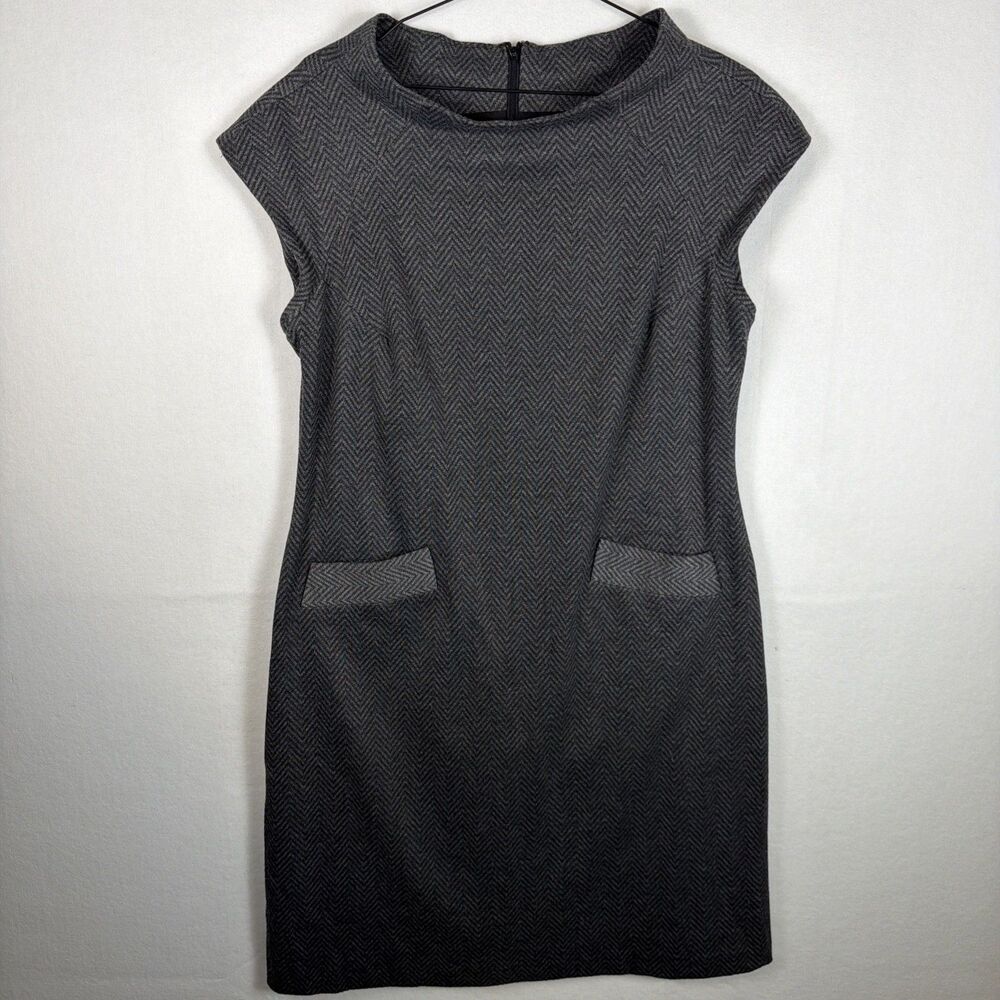 Jones New York Womens 14 Gray Herringbone Tweed Cap Sleeve Knee Length Dress